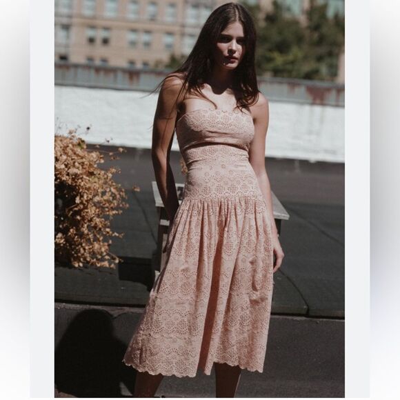 St. Roche Benedict Eyelet Sleeveless Midi Sun Dress Spaghetti Strap Organic Cott - Picture 3 of 16